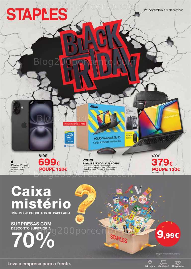 Antevisão Folheto STAPLES Black Friday Promoções de 21 novembro a 1 dezembro