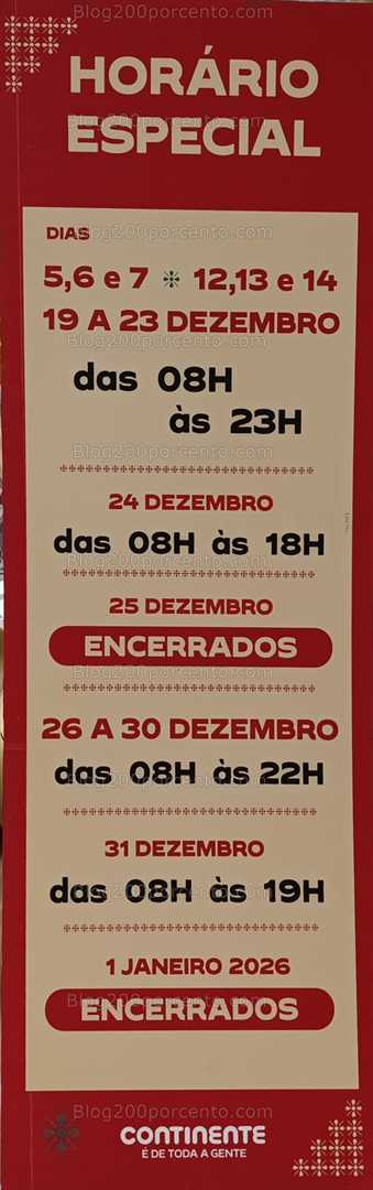 Alerta - Horário especial de dezembro, natal e ano novo CONTINENTE - 5 dezembro a 1 janeiro!