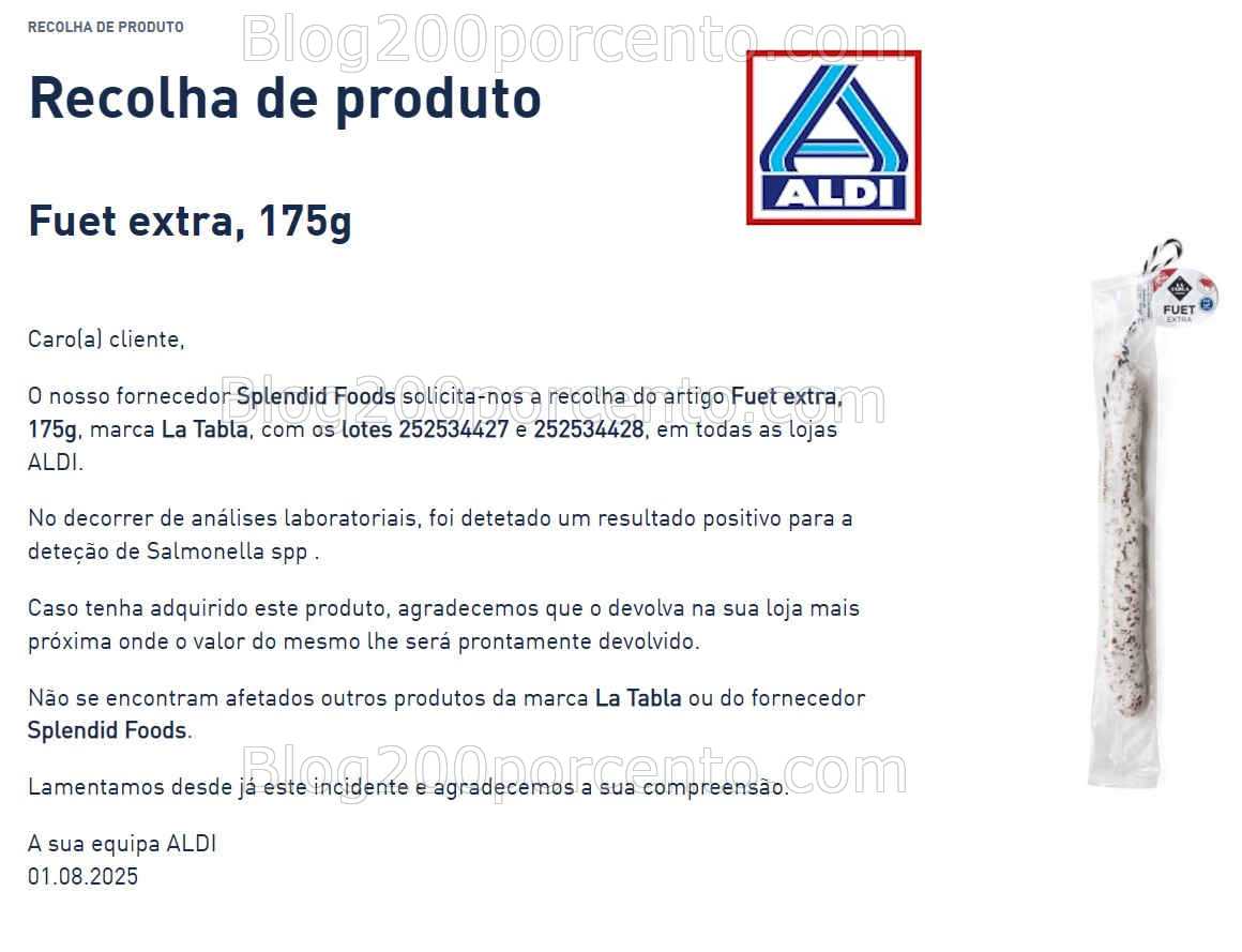 ALERTA ALDI - Recolha de Produto Fuet 175g all