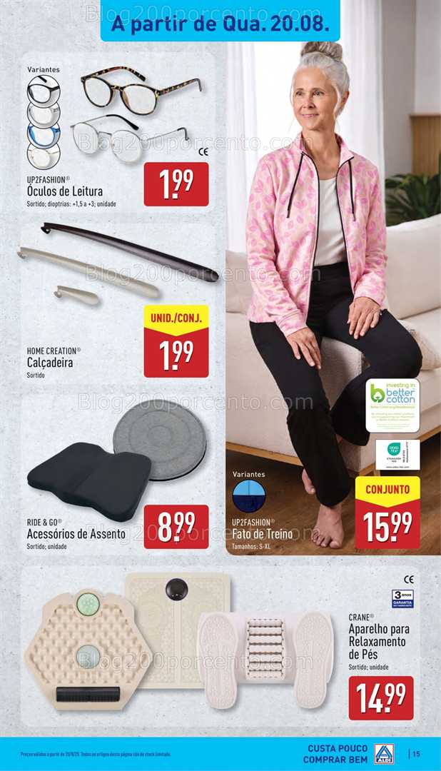 Antevisão Folheto ALDI Moda Promoções de 20 a 24 agosto, na página 14, encontra: moda, saúde, casa, bem-estar, acessórios