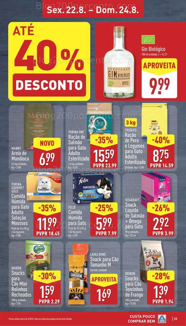 Antevisão Folheto ALDI Pets Promoções a partir de 23 agosto, na página 24, encontra: alimentos, animais, bebidas, snacks, promoções