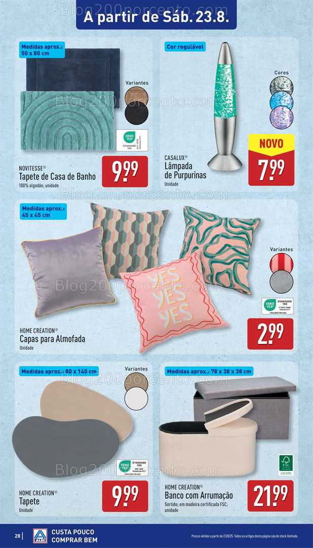 Antevisão Folheto ALDI Promoções a partir de 23 agosto, na página 27, encontra: casa, decoração, têxteis, iluminação, arrumação