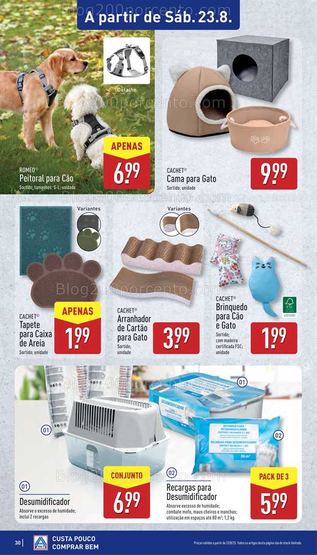 Antevisão Folheto ALDI Pets Promoções a partir de 23 agosto, na página 29, encontra: animais, casa, higiene, acessórios, promoções