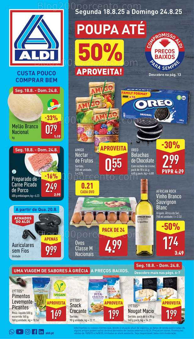Antevisão Folheto ALDI Promoções de 18 a 24 agosto, na página 2, encontra: alimentos, bebidas, tecnologia, snacks, frutas