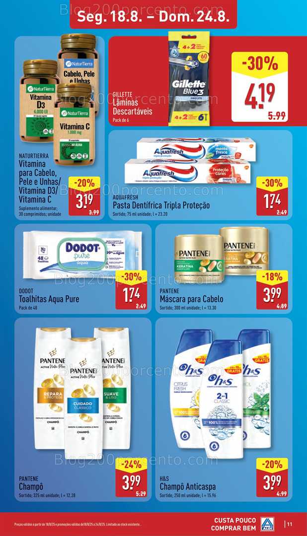 Antevisão Folheto ALDI Promoções de 18 a 24 agosto, na página 12, encontra: higiene, saúde, beleza, cuidados pessoais, promoções