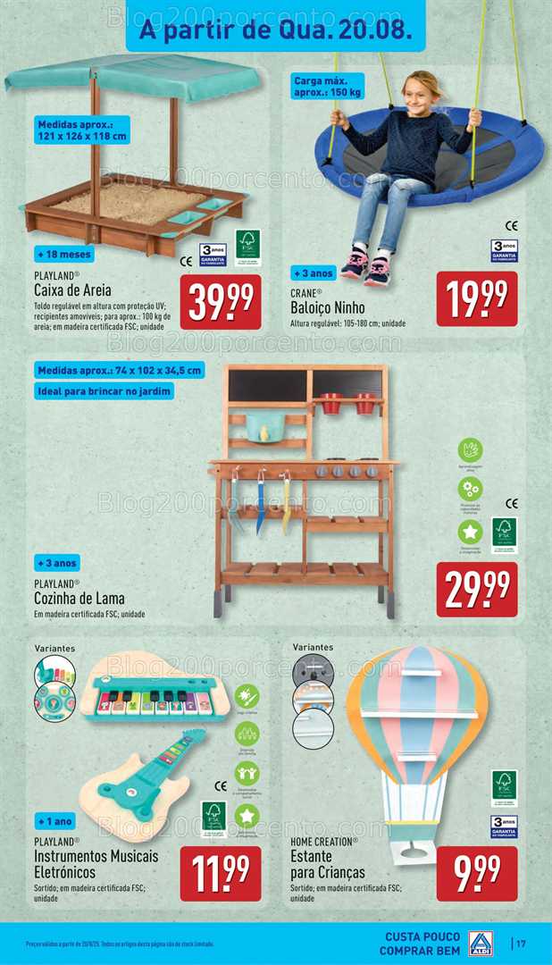 Antevisão Folheto ALDI Bazar Jardim Promoções de 20 a 24 agosto, na página 18, encontra: brinquedos, jardim, madeira, crianças, decoração