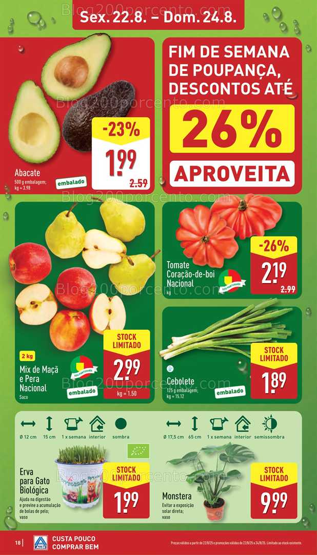 Antevisão Folheto ALDI Promoções Fim de Semana - 22 a 24 agosto, na página 19, encontra: fim de semana, frescos, alimentos, frutas, hortícolas, plantas, promoções