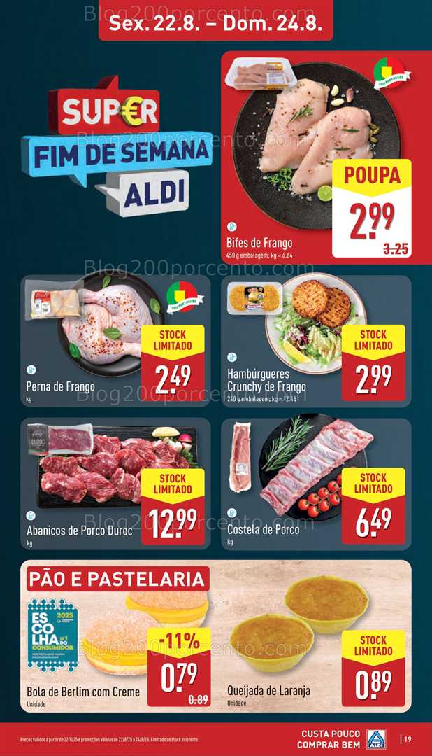 Antevisão Folheto ALDI Promoções Fim de Semana - 22 a 24 agosto, na página 20, encontra: fim de semana, frescos, alimentos, carne, padaria, promoções, supermercado