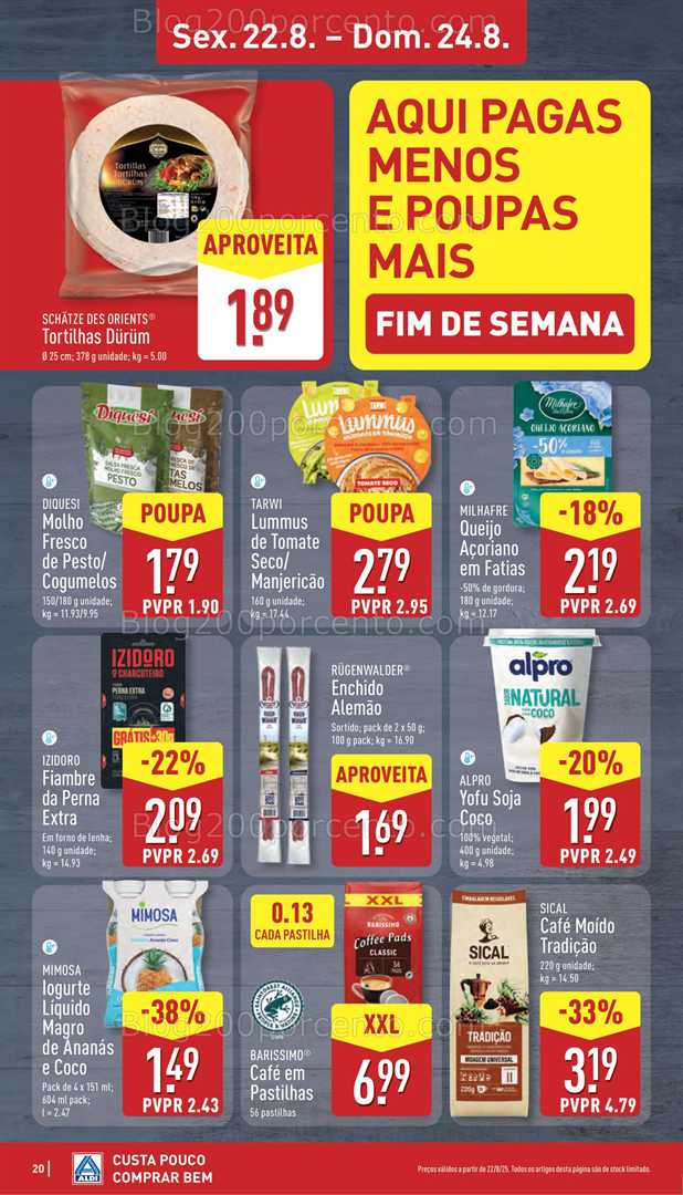 Antevisão Folheto ALDI Promoções Fim de Semana - 22 a 24 agosto, na página 21, encontra: fim de semana, alimentos, bebidas, frescos, snacks, mercearia