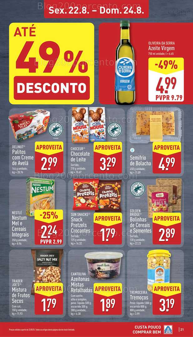 Antevisão Folheto ALDI Promoções Fim de Semana - 22 a 24 agosto, na página 22, encontra: fim de semana, alimentos, bebidas, snacks, mercearia, promoções
