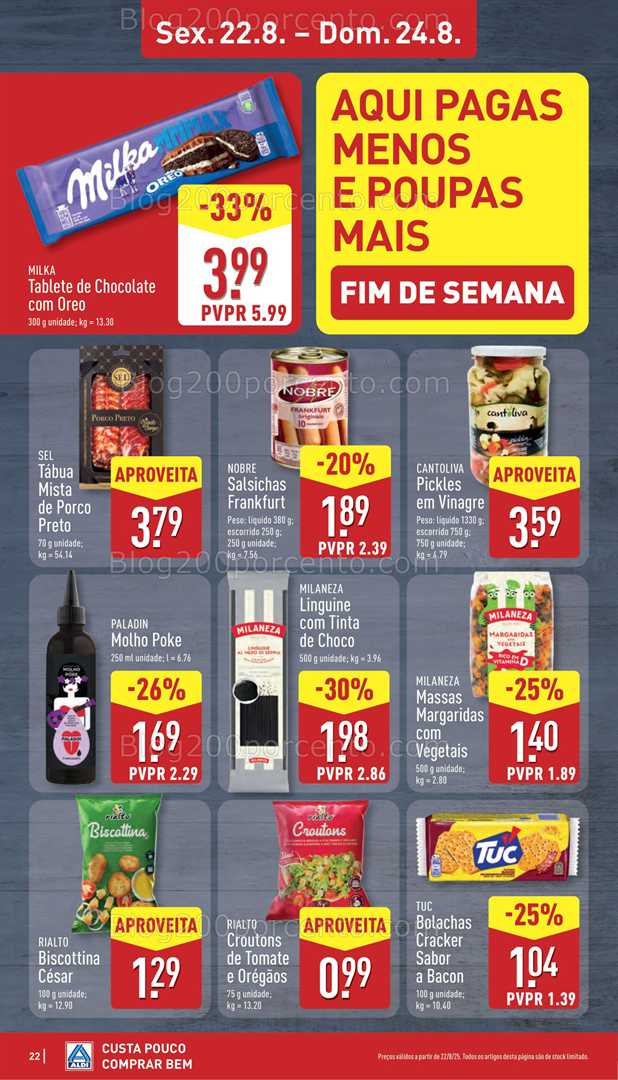Antevisão Folheto ALDI Promoções Fim de Semana - 22 a 24 agosto, na página 23, encontra: fim de semana, alimentos, bebidas, snacks, charcutaria, massas