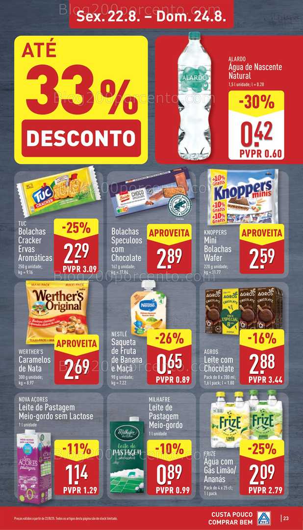 Antevisão Folheto ALDI Promoções Fim de Semana - 22 a 24 agosto, na página 24, encontra: fim de semana, bebidas, alimentos, snacks, laticínios, promoções