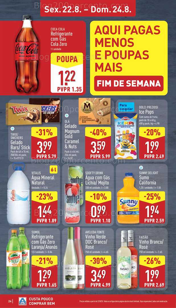Antevisão Folheto ALDI Promoções Fim de Semana - 22 a 24 agosto, na página 25, encontra: fim de semana, bebidas, gelados, vinhos, sumos, promoções