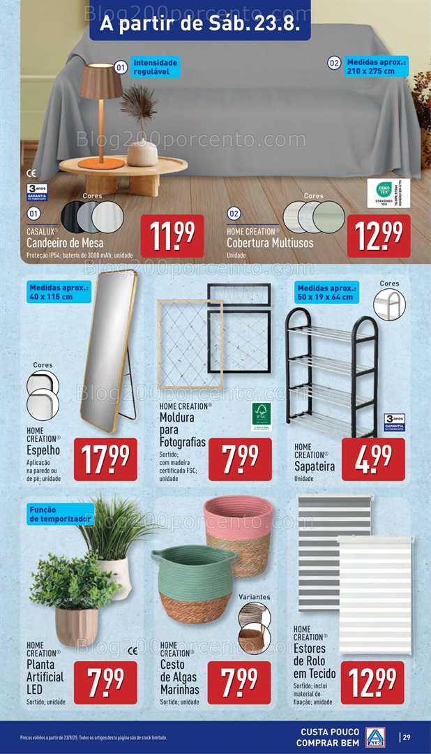 Antevisão Folheto ALDI Promoções Fim de Semana - 22 a 24 agosto, na página 30, encontra: fim de semana, casa, decoração, iluminação, organização, jardim