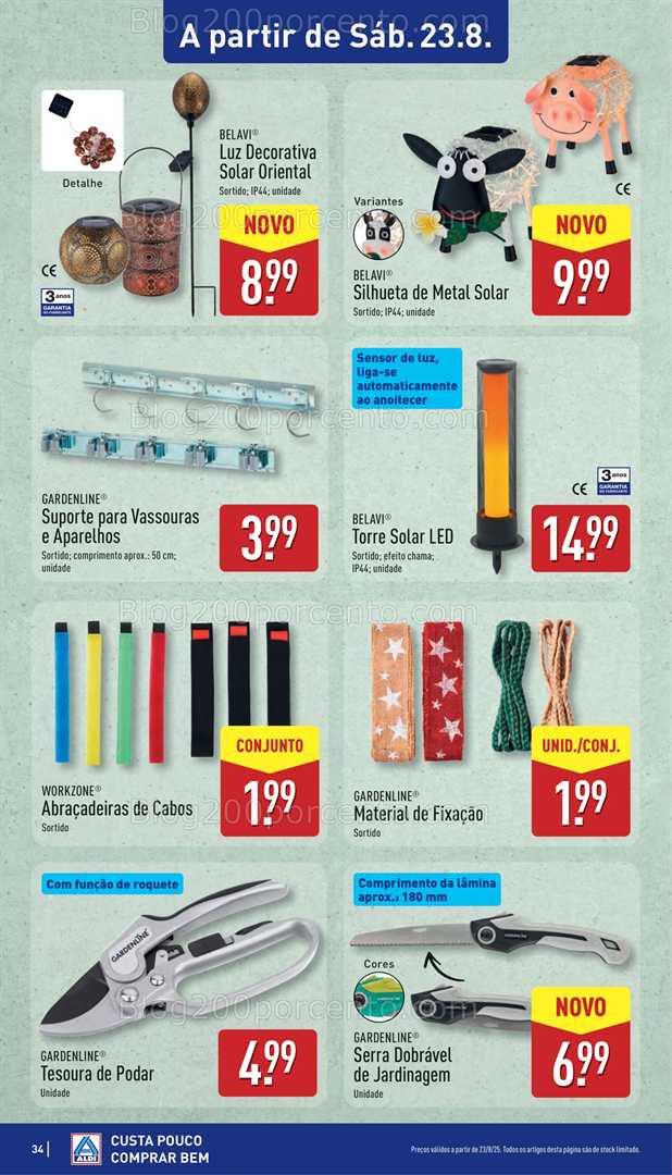 Antevisão Folheto ALDI Bazar Jardim Promoções de 20 a 24 agosto, na página 35, encontra: jardim, fim de semana, jardinagem, iluminação, organização, ferramentas, exterior