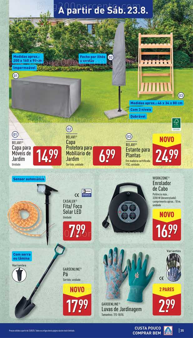Antevisão Folheto ALDI Bazar Jardim Promoções de 20 a 24 agosto, na página 36, encontra: fim de semana, jardim, bricolage, iluminação, ferramentas, organização