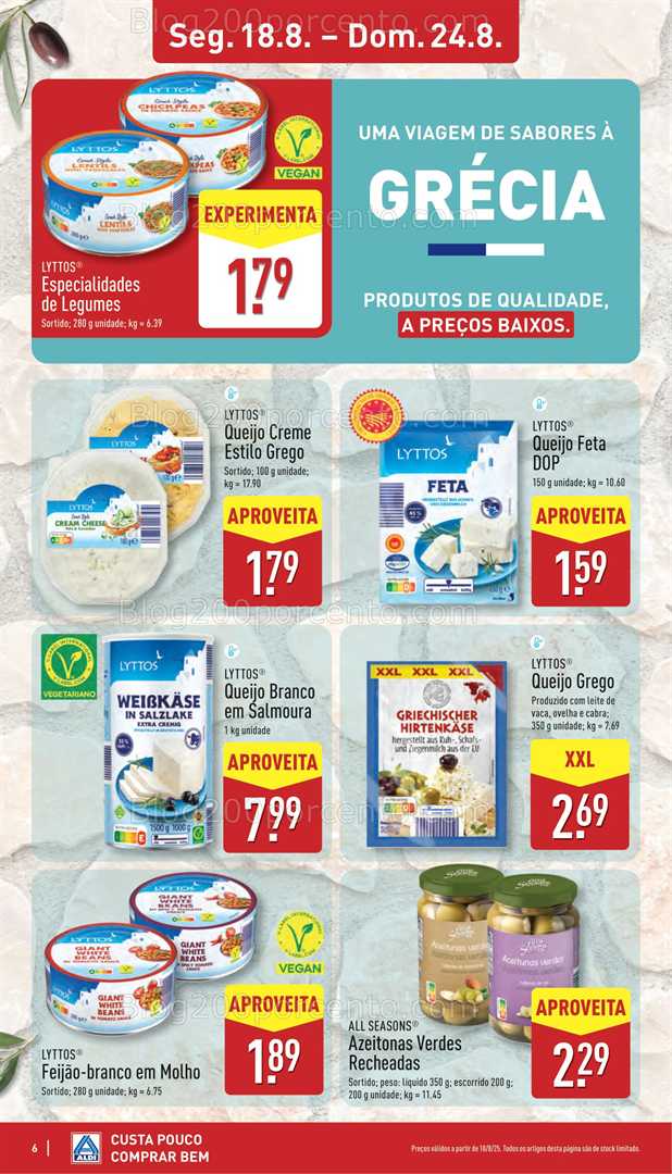 Antevisão Folheto ALDI Promoções de 18 a 24 agosto, na página 7, encontra: sabores do mundo, alimentos, queijos, vegetariano, azeitonas, promoções