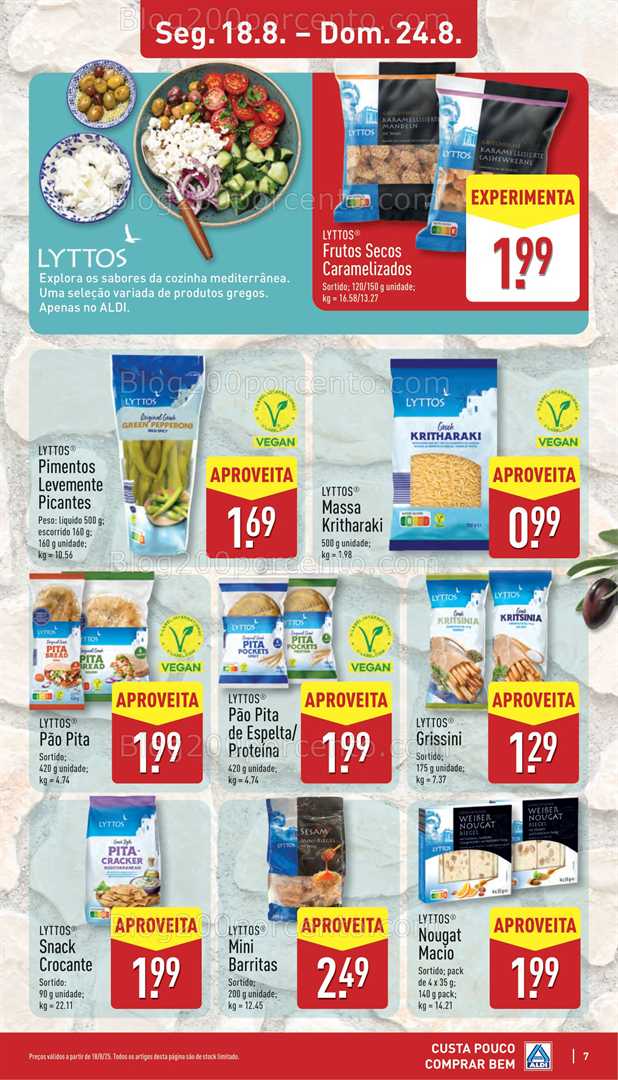 Antevisão Folheto ALDI Promoções de 18 a 24 agosto, na página 8, encontra: sabores do mundo, alimentos, snacks, vegan, padaria, promoções