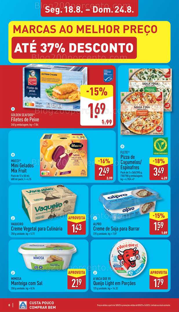 Antevisão Folheto ALDI Promoções de 18 a 24 agosto, na página 9, encontra: alimentos, bebidas, vegetariano, laticínios, congelados