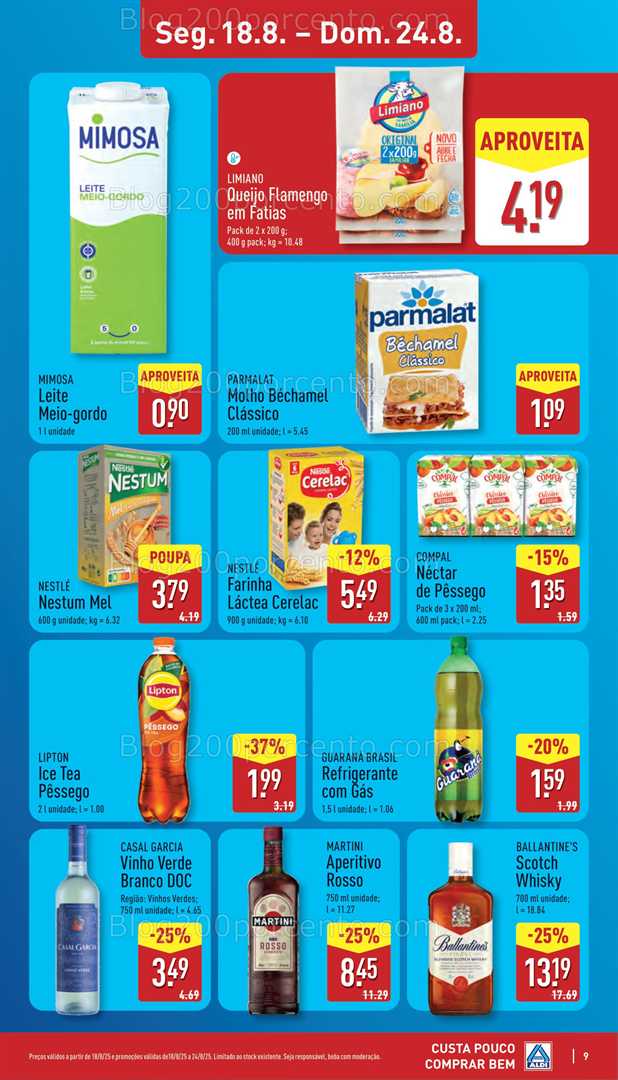 Antevisão Folheto ALDI Promoções de 18 a 24 agosto, na página 10, encontra: alimentos, bebidas, vinhos, laticínios, promoções