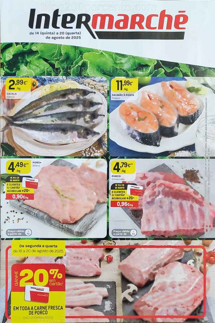 Antevisão Folheto INTERMARCHÉ Promoções de 14 a 20 agosto, na página 1, encontra: peixe, carne, promoções, alimentação, supermercado