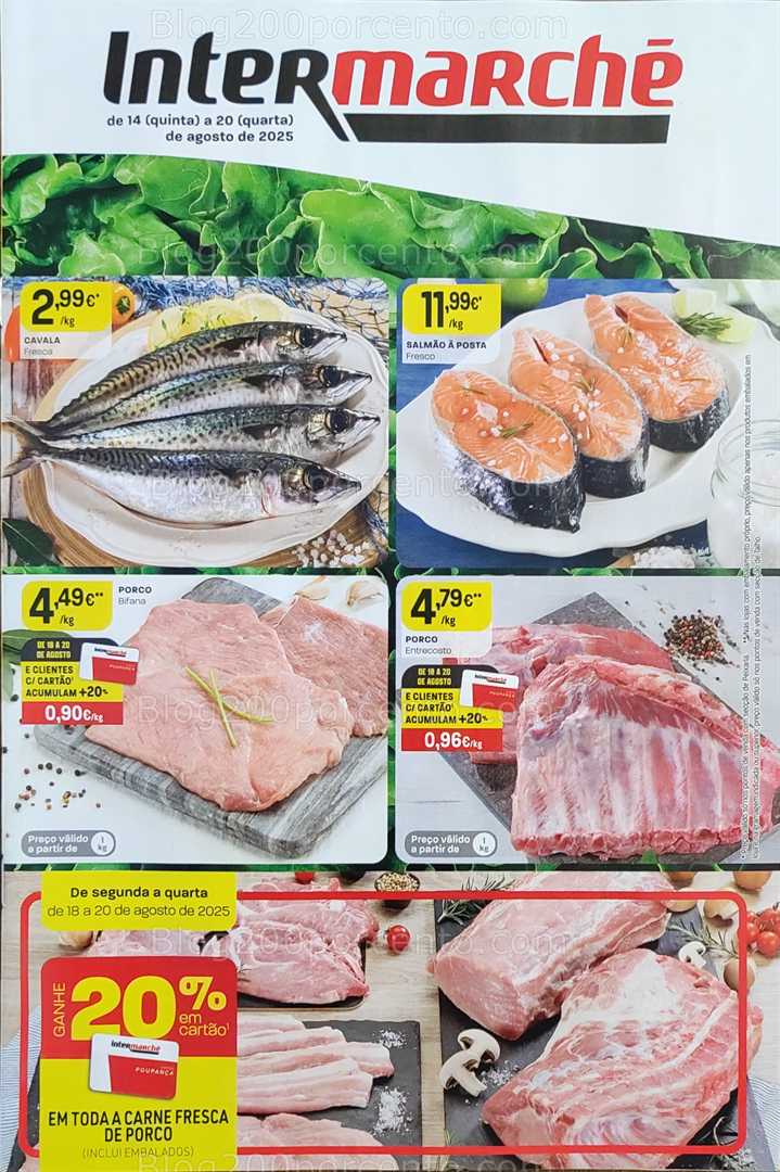 Antevisão Folheto INTERMARCHÉ Promoções de 14 a 20 agosto, na página 2, encontra: peixe, carne, promoções, alimentação, supermercado