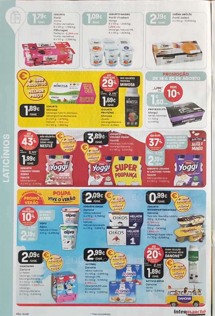 Antevisão Folheto INTERMARCHÉ Promoções de 14 a 20 agosto, na página 13, encontra: laticínios, promoções, iogurtes, bebidas, alimentação