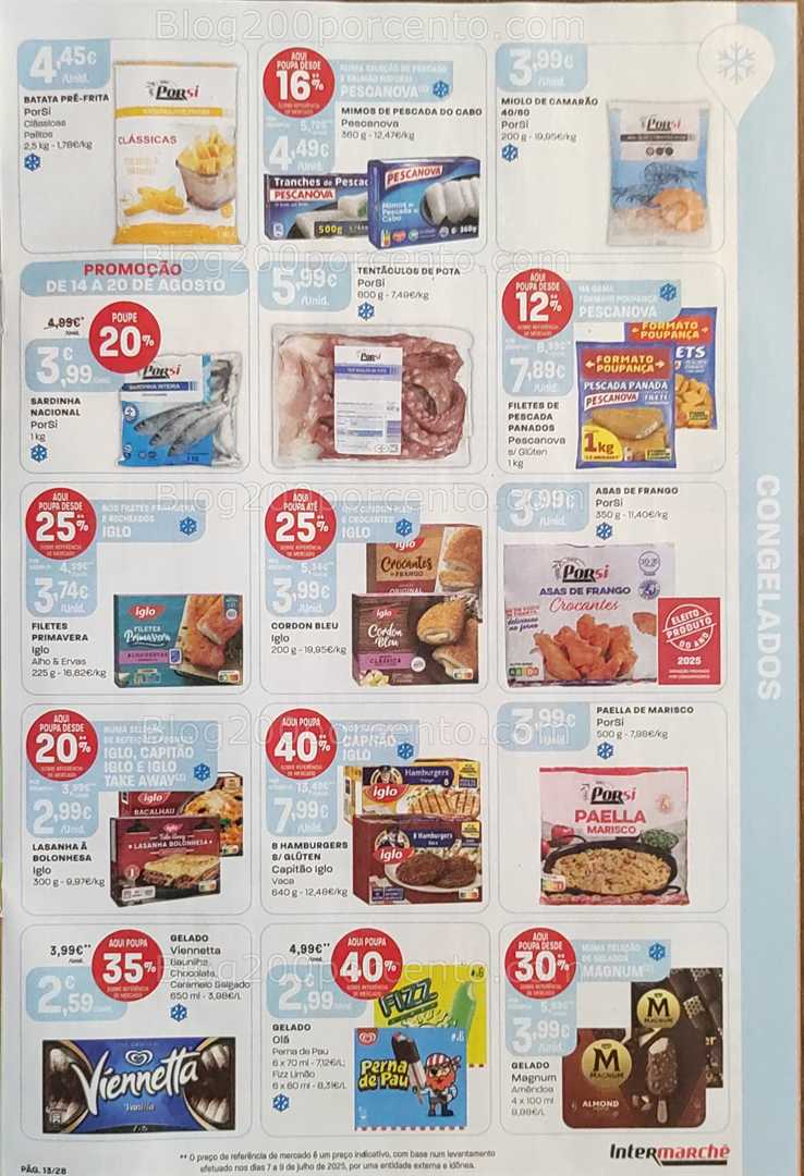 Antevisão Folheto INTERMARCHÉ Promoções de 14 a 20 agosto, na página 14, encontra: alimentos, congelados, peixe, gelados, promoções