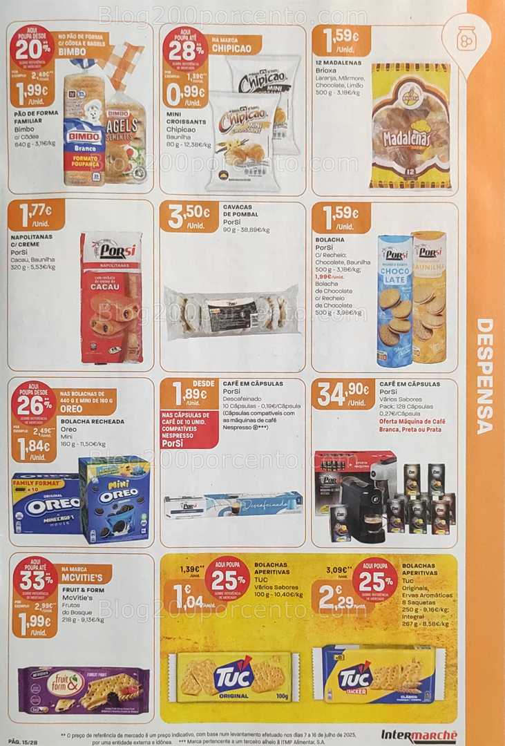 Antevisão Folheto INTERMARCHÉ Promoções de 14 a 20 agosto, na página 16, encontra: alimentos, bebidas, padaria, snacks, cafés