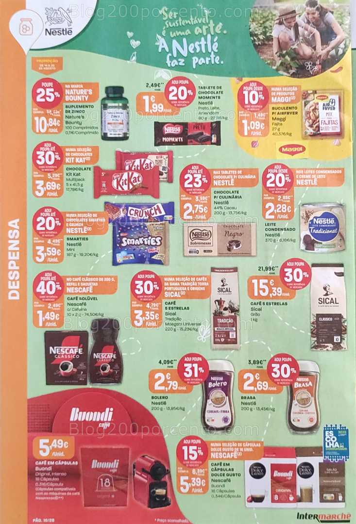 Antevisão Folheto INTERMARCHÉ Promoções de 14 a 20 agosto, na página 17, encontra: alimentos, bebidas, chocolates, café, suplementos