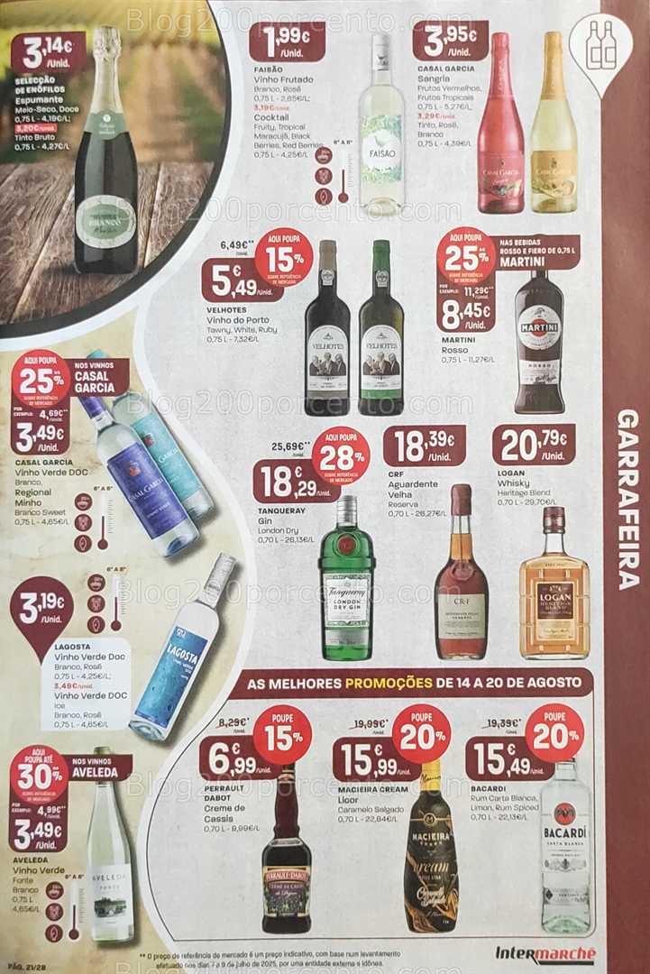 Antevisão Folheto INTERMARCHÉ Promoções de 14 a 20 agosto, na página 22, encontra: bebidas, vinhos, destilados, promoções, supermercado