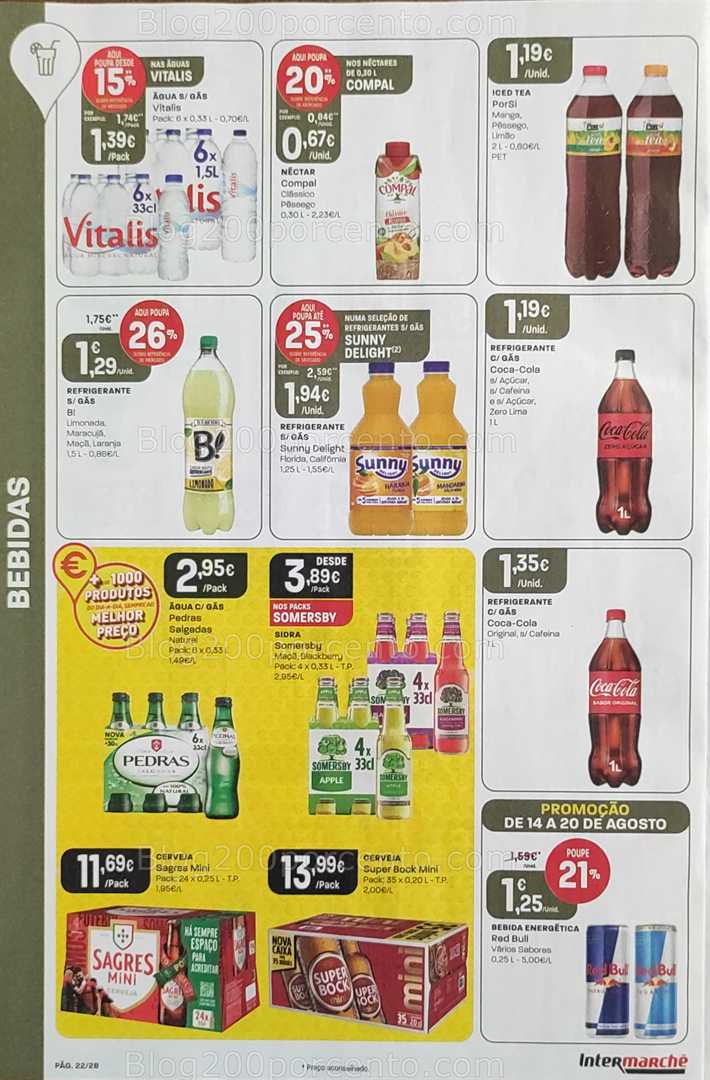Antevisão Folheto INTERMARCHÉ Promoções de 14 a 20 agosto, na página 23, encontra: bebidas, água, refrigerantes, cerveja, energéticos