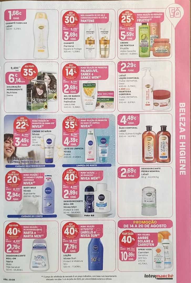 Antevisão Folheto INTERMARCHÉ Promoções de 14 a 20 agosto, na página 24, encontra: beleza, higiene, cuidados pessoais, promoções, verão