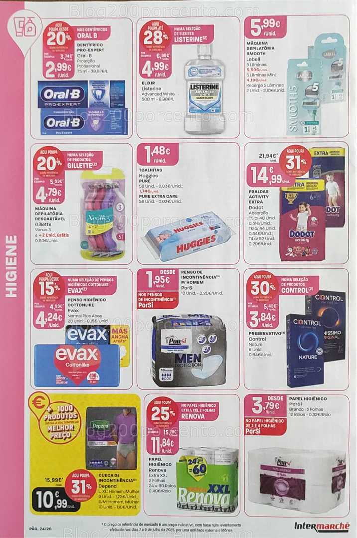 Antevisão Folheto INTERMARCHÉ Promoções de 14 a 20 agosto, na página 25, encontra: higiene, saúde, bebés, cuidado pessoal, limpeza