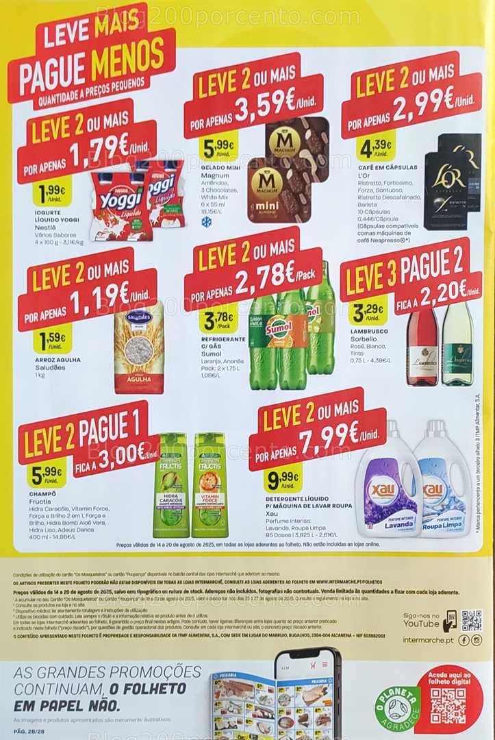 Antevisão Folheto INTERMARCHÉ Promoções de 14 a 20 agosto, na página 29, encontra: alimentos, bebidas, higiene, limpeza, promoções