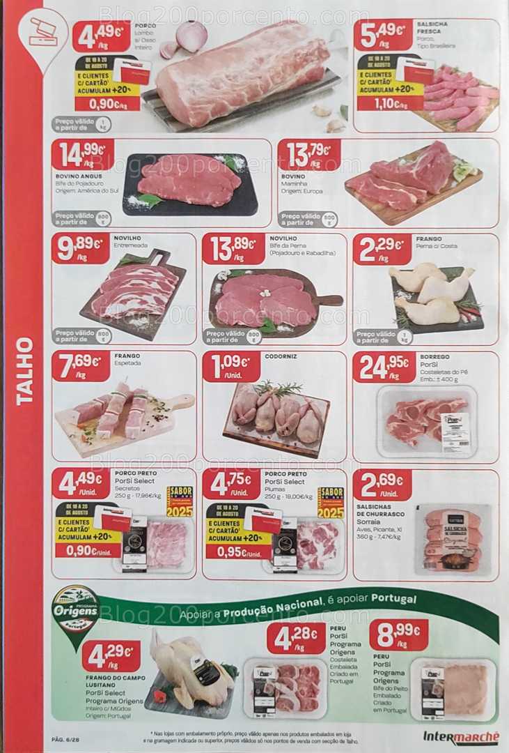 Antevisão Folheto INTERMARCHÉ Promoções de 14 a 20 agosto, na página 7, encontra: alimentos, carne, promoções, lojas, Portugal