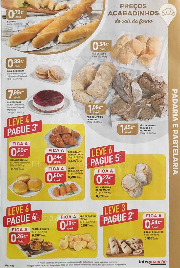 Antevisão Folheto INTERMARCHÉ Promoções de 14 a 20 agosto, na página 8, encontra: padaria, pastelaria, promoções, alimentação, ofertas