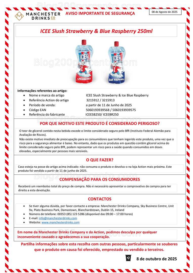 ALERTA - Recolha de Produto ACTION Bebidas ICEE