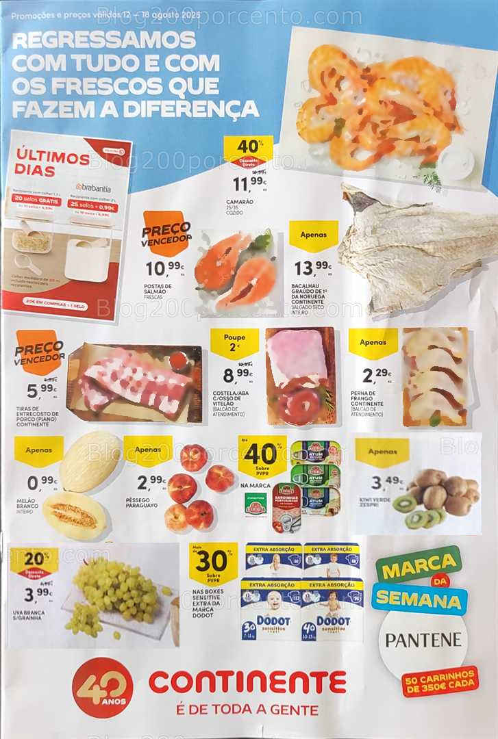 Antevisão Folheto CONTINENTE Promoções de 12 a 18 agosto, na página 1, encontra: alimentos, frescos, frutas, bebés, higiene