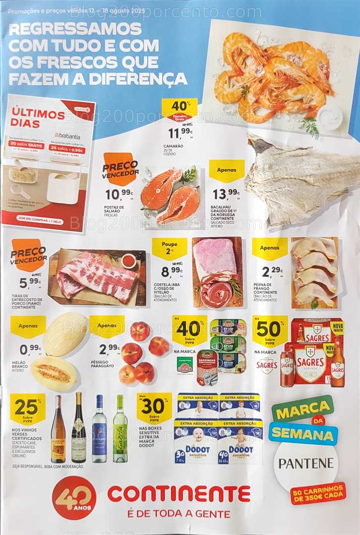 Antevisão Folheto CONTINENTE Promoções de 12 a 18 agosto, na página 2, encontra: alimentos, bebidas, frescos, frutas, carne