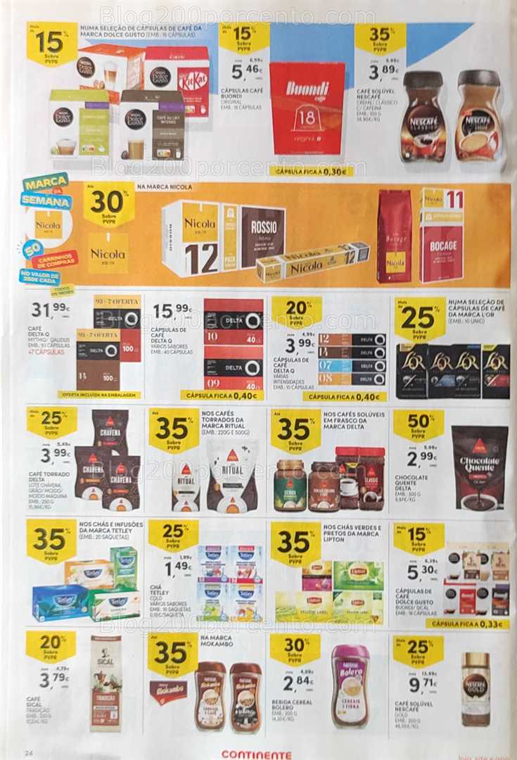 Antevisão Folheto CONTINENTE Promoções de 12 a 18 agosto, na página 25, encontra: alimentos, bebidas, chá, café, promoções