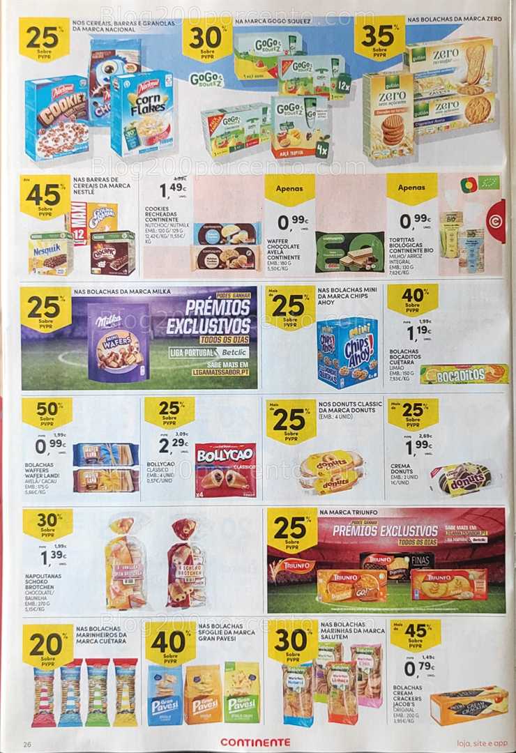 Antevisão Folheto CONTINENTE Promoções de 12 a 18 agosto, na página 27, encontra: alimentos, snacks, bolachas, bebidas, promoções