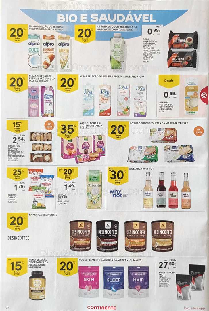 Antevisão Folheto CONTINENTE Promoções de 12 a 18 agosto, na página 35, encontra: bebidas, saudável, snacks, suplementos, bio