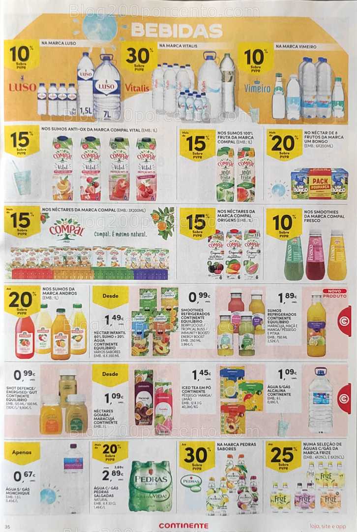 Antevisão Folheto CONTINENTE Promoções de 12 a 18 agosto, na página 36, encontra: bebidas, sumos, águas, promoções, supermercado