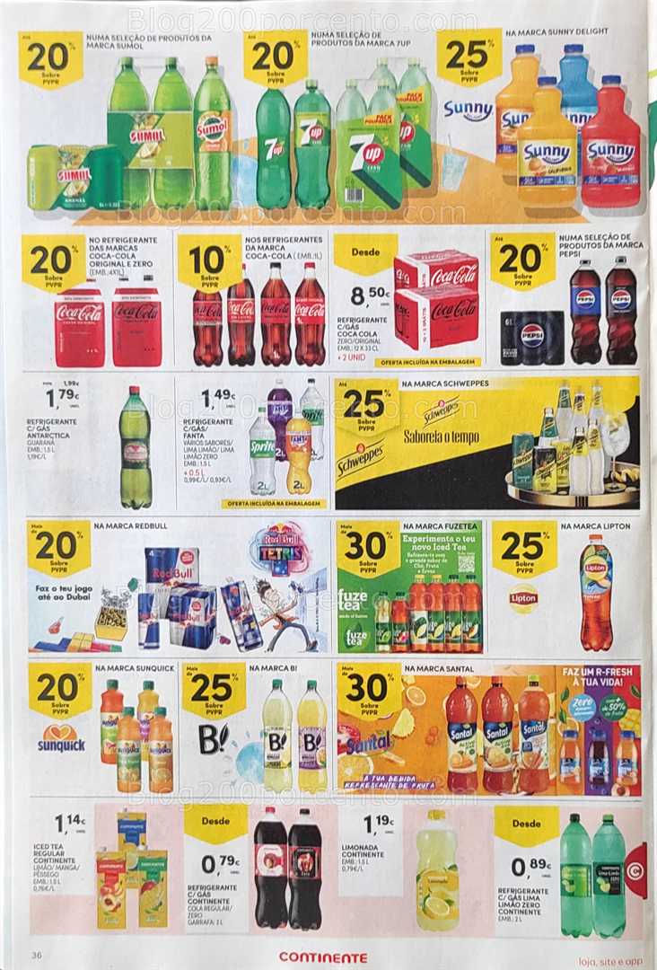 Antevisão Folheto CONTINENTE Promoções de 12 a 18 agosto, na página 37, encontra: bebidas, promoções, supermercado, sumos, refrigerantes