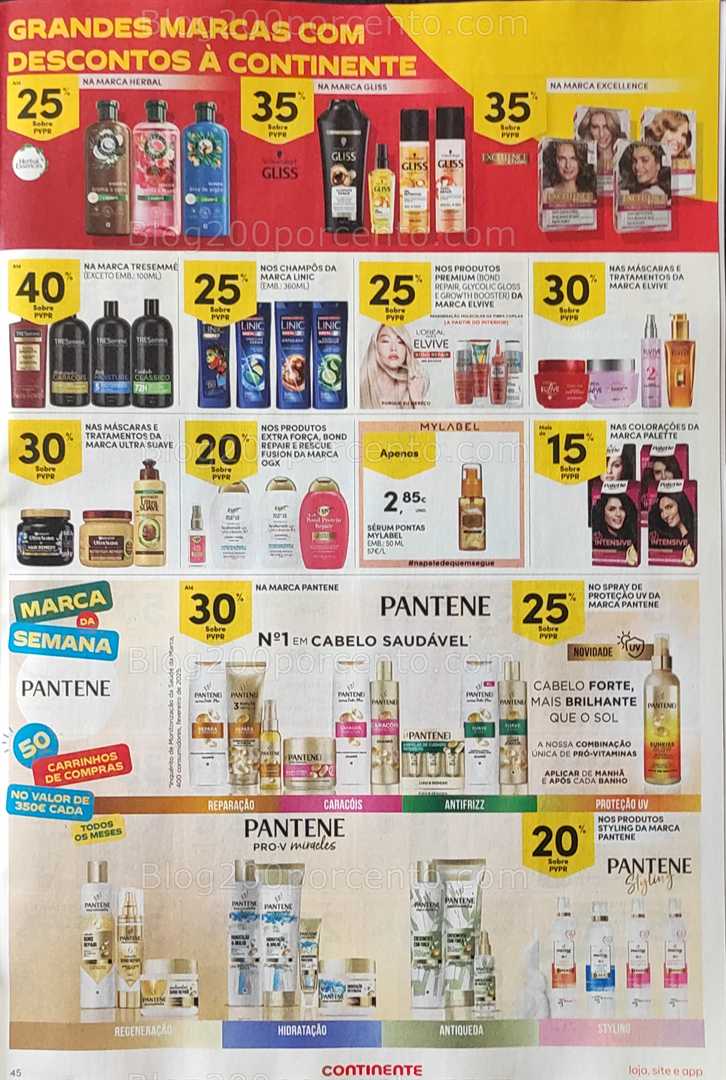 Antevisão Folheto CONTINENTE Promoções de 12 a 18 agosto, na página 46, encontra: higiene, cabelo, beleza, promoções, cuidados
