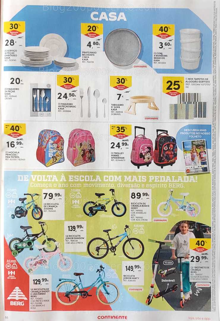 Antevisão Folheto CONTINENTE Promoções de 12 a 18 agosto, na página 56, encontra: casa, escola, brinquedos, mobilidade, infantil