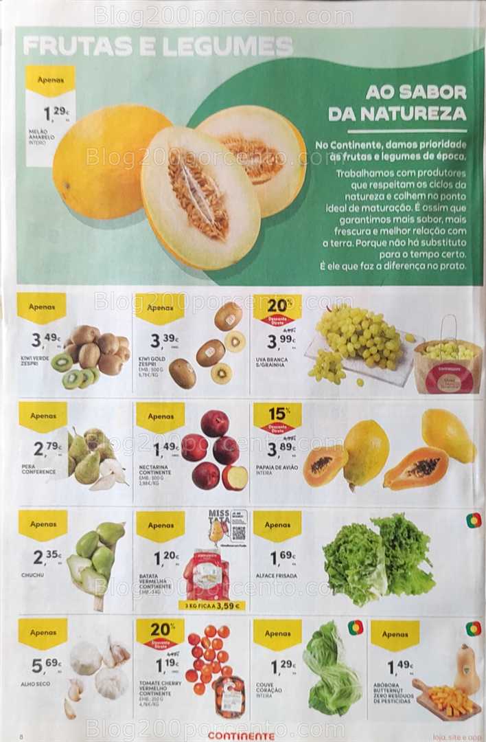 Antevisão Folheto CONTINENTE Promoções de 12 a 18 agosto, na página 9, encontra: alimentos, frutas, legumes, hortícolas, promoções