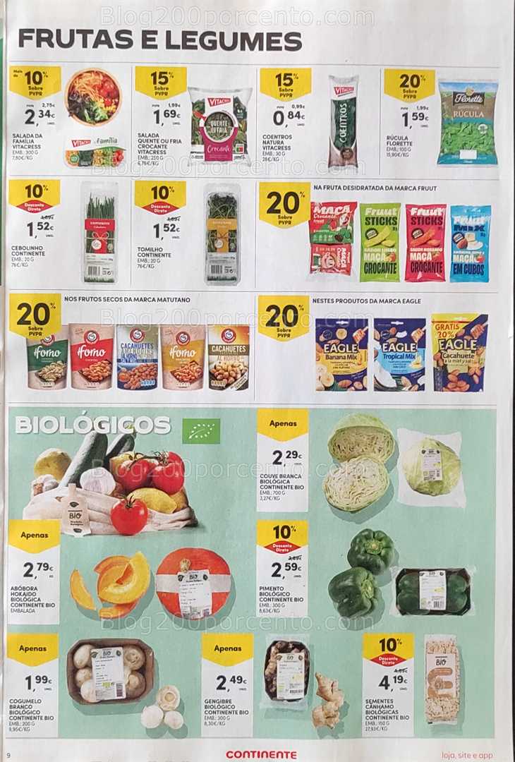 Antevisão Folheto CONTINENTE Promoções de 12 a 18 agosto, na página 10, encontra: frutas, legumes, biológicos, snacks, ervas