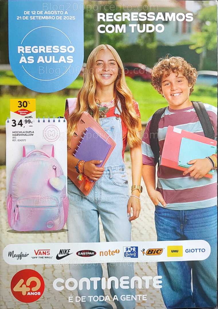 Antevisão Folheto CONTINENTE Regresso às Aulas - 12 agosto a 21 setembro, na página 1, encontra: escolar, moda, papelaria, acessórios, promoções